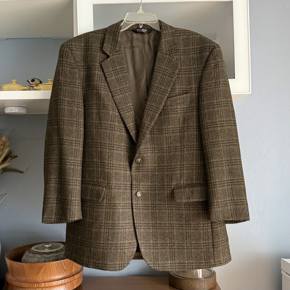 Jos A Bank Sz 44R  Brown Check Plaid LambsWool Cashmere Sport Coat Blazer Jacket